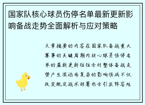 国家队核心球员伤停名单最新更新影响备战走势全面解析与应对策略